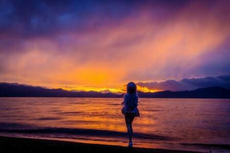 rubia, muñeca, mar, puesta de sol, el cielo, juguete