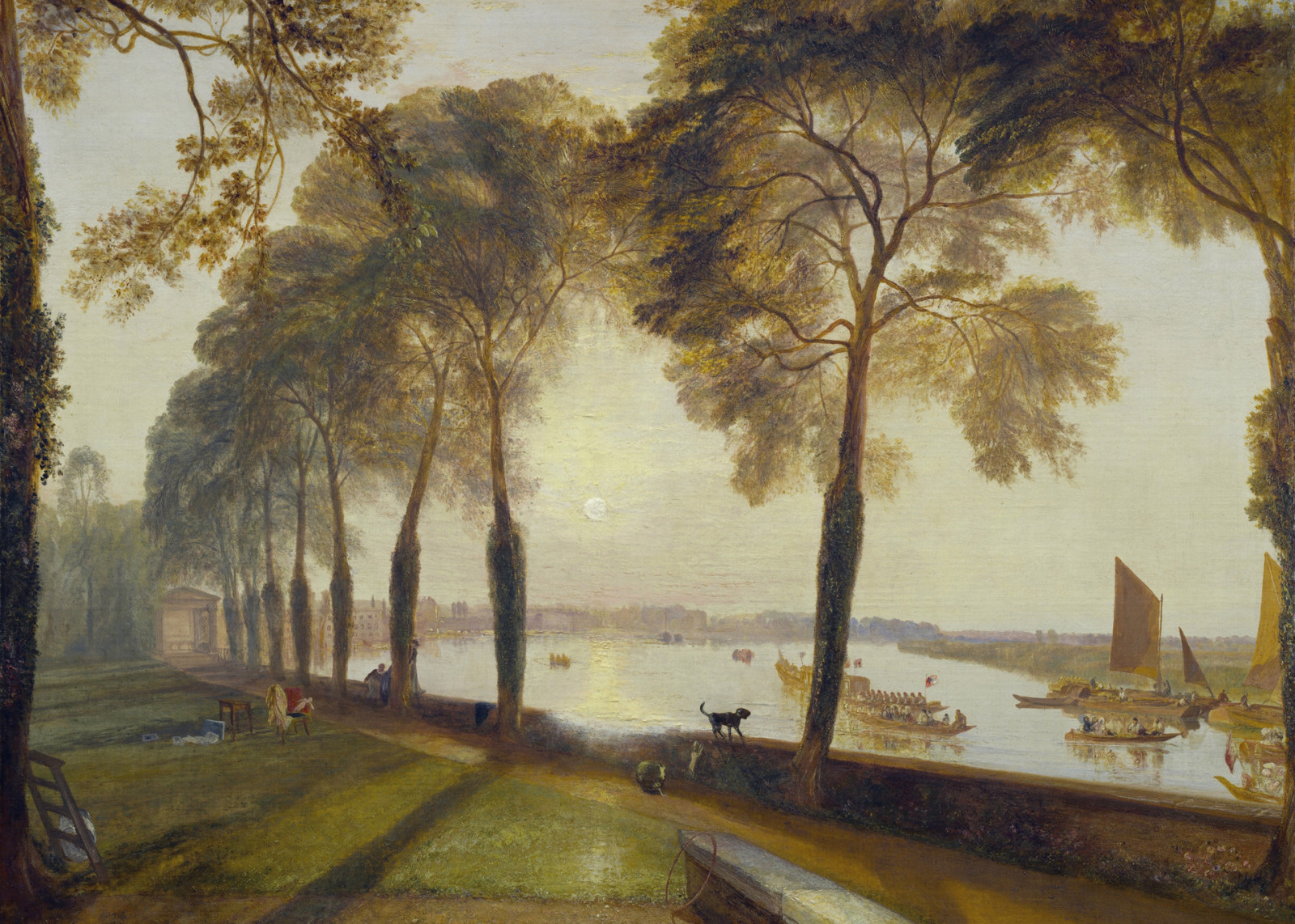 le soir, rivière, le coucher du soleil, paysage, des arbres, image, gens, bateaux