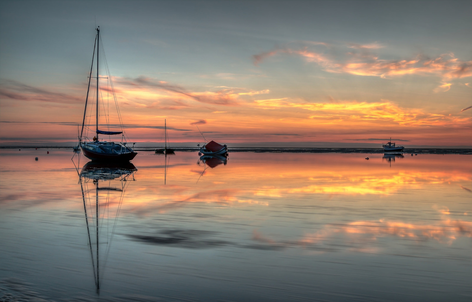 the sky, the evening, sunset, sea, clouds, boat, Tide