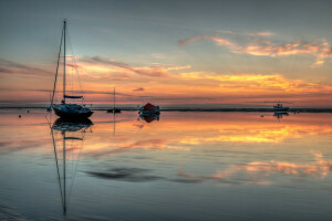 barco, nubes, mar, puesta de sol, la noche, el cielo, Marea