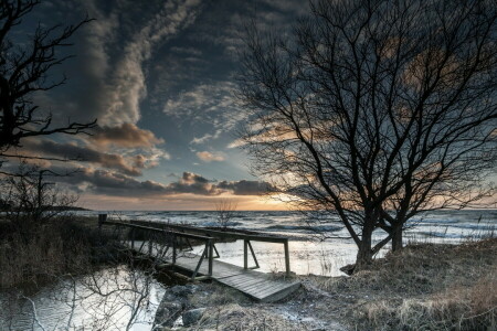 ponte, paesaggio, notte, mare