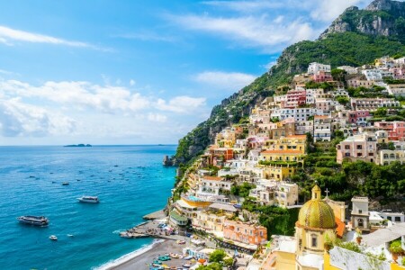 Côte amalfitaine, baie, bateaux, bâtiment, campagne, Campanie, côte, Italie