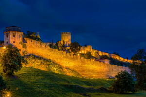 Belgrad, erőd, Kalemegdan, éjszaka., Szerbia