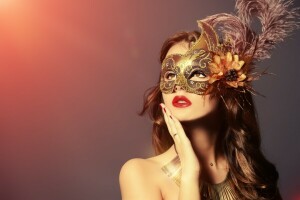 background, feathers, girl, hand, lipstick, look, makeup, mask