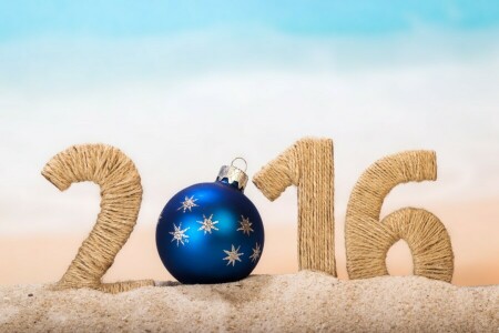 2016, beach, figures, happy, New Year, sand