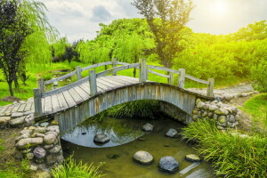 Bridge, greens, Park, pond, stones, the bushes, track, trees