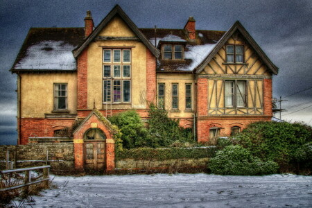 nuvens, Inglaterra, casa, panorama, neve, o céu, JANELAS