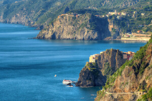 Cinque Terre, ev, İtalya, Manarola, dağlar, kayaçlar, deniz