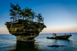 lake, rock, sea, the sky, trees