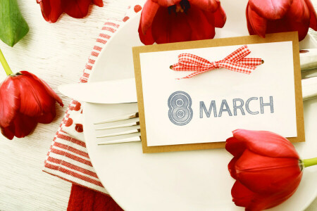 Holidays, March 8, plate, serving, tulips, women's day