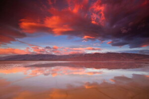 nubes, lago, montañas, reflexión, puesta de sol