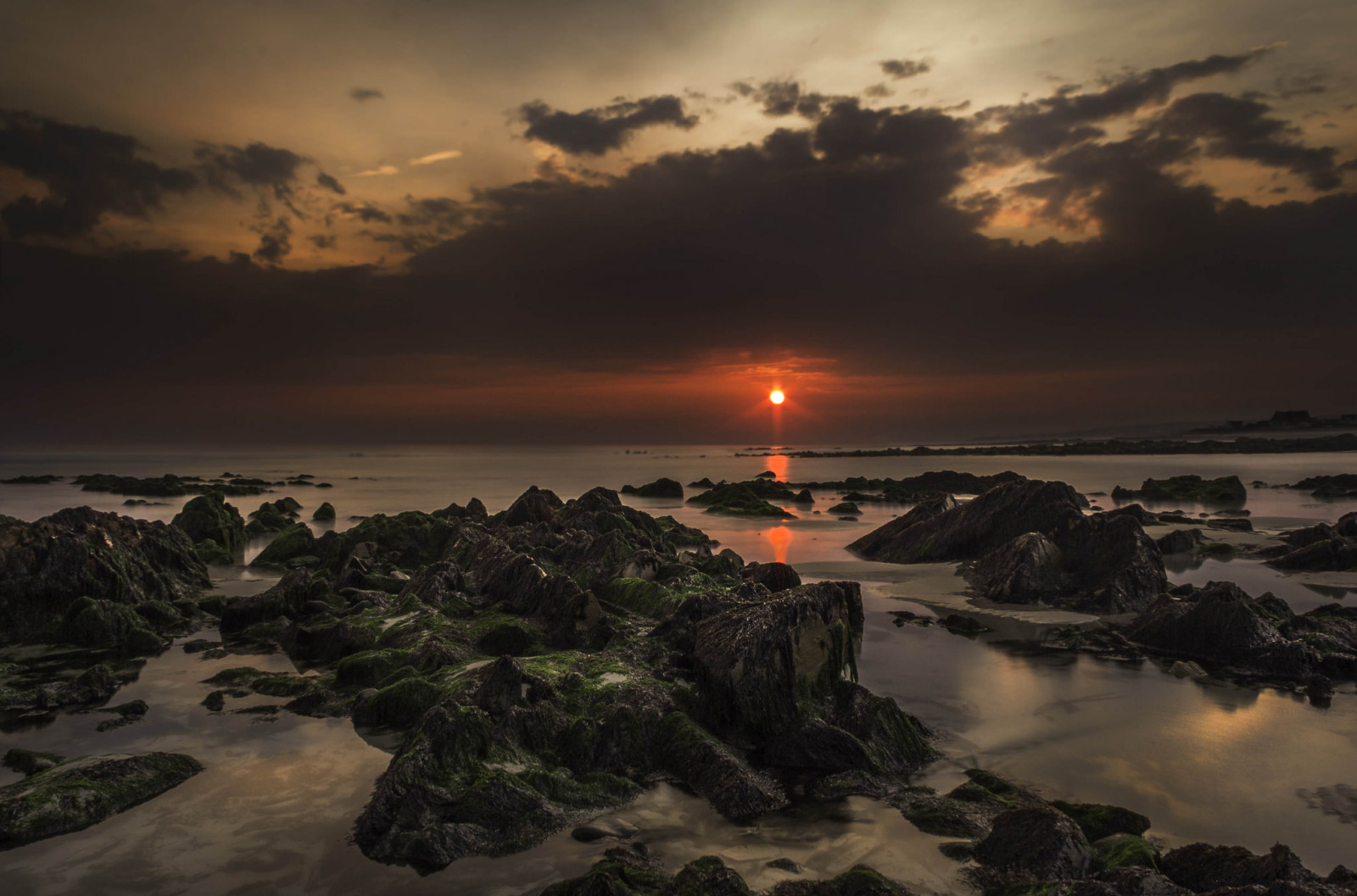 o céu, pôr do sol, pedras, mar, nuvens, o sol, algas, Maré