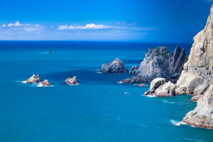 boat, rocks, sea, ship, the sky