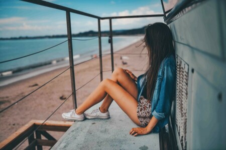 beach, brunette, denim, girl, pose, shirt, sitting, sneakers