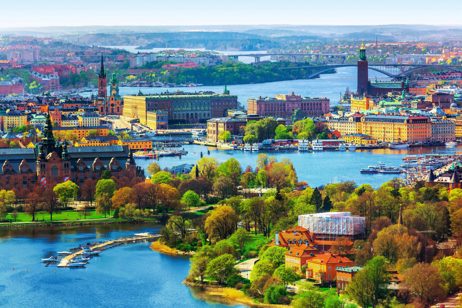 la città, fiume, paesaggio, alberi, casa, Svezia, panorama, Barche