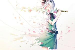 anime, umenie, kvety, dievča, katana, Konpaku Youmu, ling, lístkov