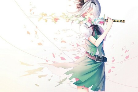 anime, kunst, bloemen, meisje, katana, Konpaku Youmu, leng, bloemblaadjes