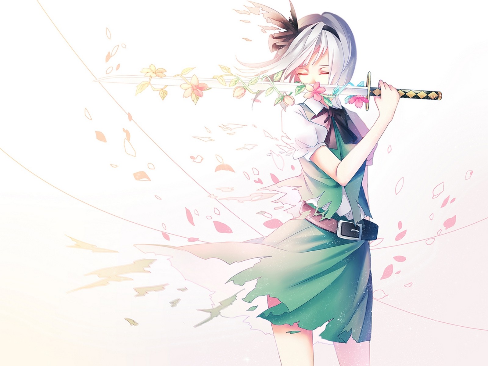 kız, Çiçekler, Sanat, silahlar, yaprakları, anime, katana, Sakura