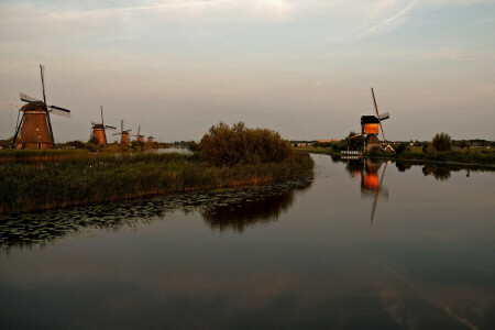 канал, вечер, небо, WINDMILL