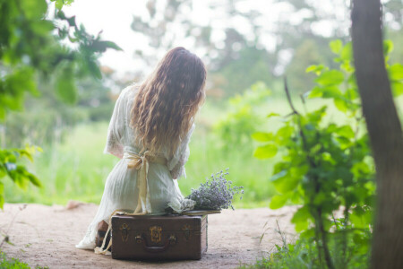 girl, hair, sitting, suitcase