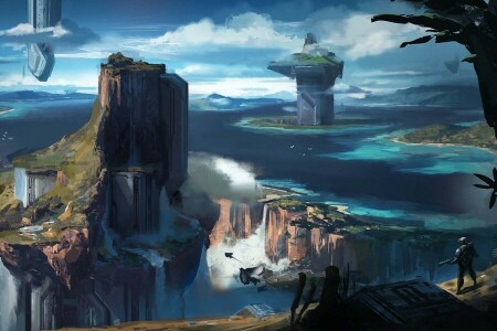 Concept Art, facilities, Halo 4, halo spartan, people, rocks, view, water