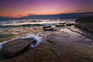 de praia, alvorecer, mar, costa