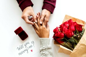 bouquet, mains, bague, des roses, l'inscription