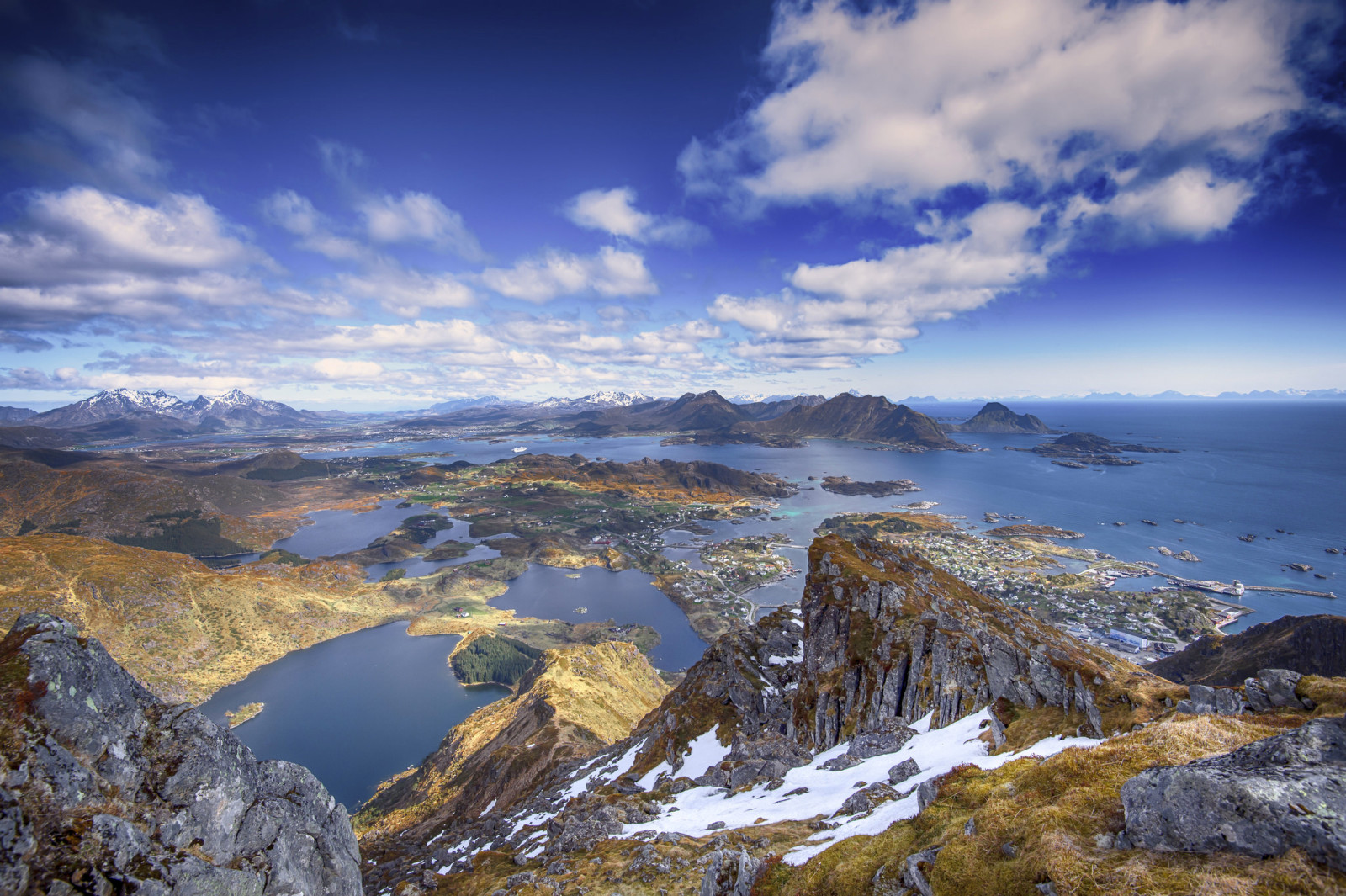 snow, the sky, sea, island, clouds, mountains, rocks