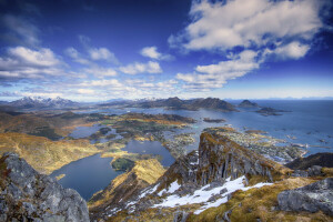 nuvole, isola, montagne, rocce, mare, neve, il cielo