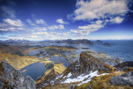 nuvens, ilha, montanhas, pedras, mar, neve, o céu