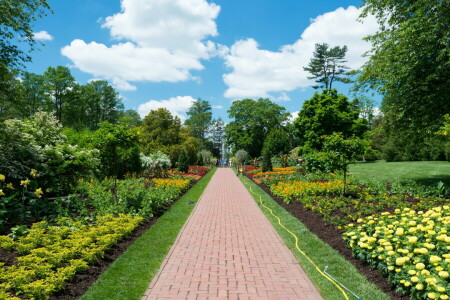 beds, flowers, fountain, greens, Kennett Square, Longwood, Park, people