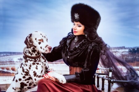 brunette, Dalmatiens, chien, fourrure, fille, chapeau, tenue