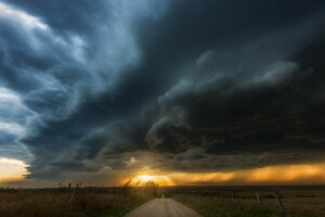 clouds, road, sunset