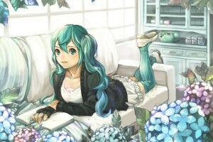 artă, carte, bomboane 00, flori, fată, Hatsune Miku, frunze, telefon