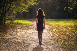 autumn, dress, figure, forest, girl, path, the sun