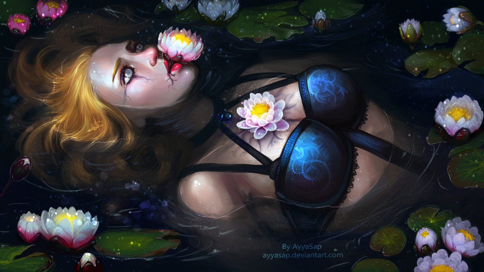 river, lake, girl, flowers, water, lilies