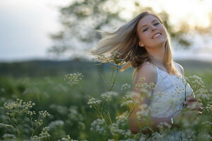 niña, sonrisa, verano