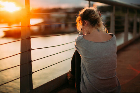 back, girl, sitting, sunset, tattoo