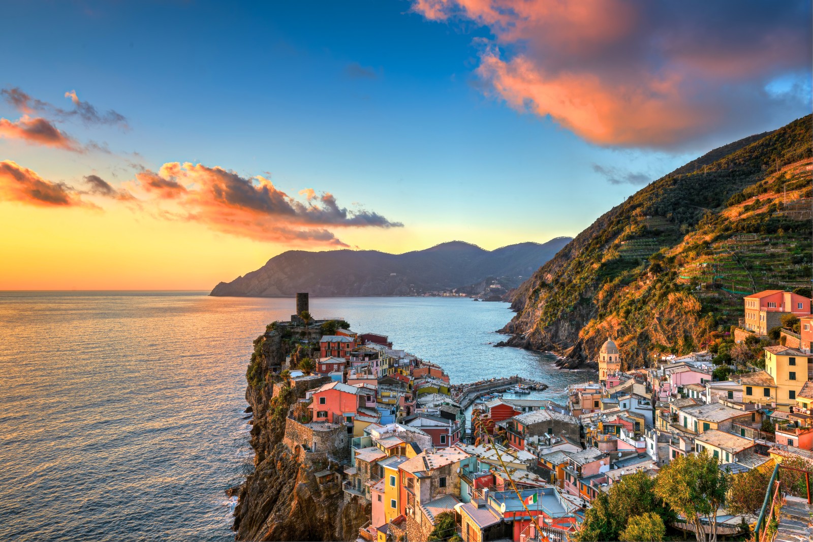 tramonto, mare, montagne, Italia, edificio, costa, Liguria, Cinque Terre