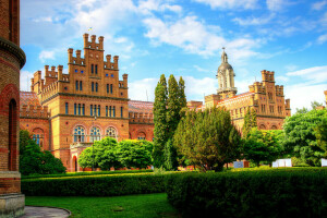 Chernivtsi, design, gräsmatta, buskarna, träd, Ukraina, universitet