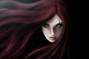 art, eyes, face, girl, hair, Katarina, League of Legends, scar