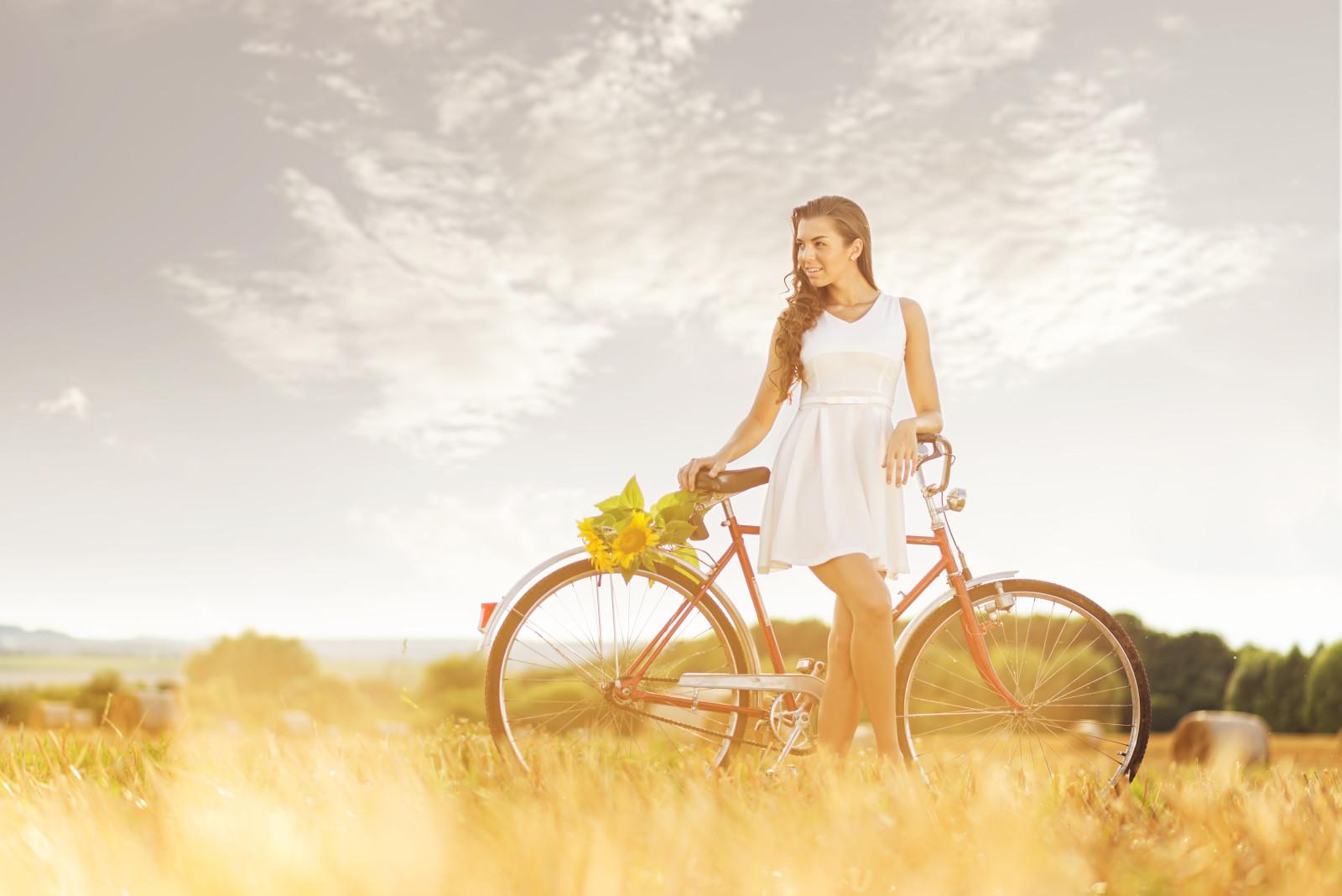 girl, field, bike, sunflower, hay