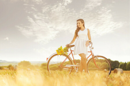 bicyclette, champ, fille, foins, tournesol