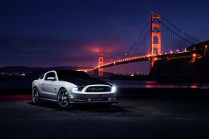 Aristo, Ponte, carro, Ford, Frente, músculo, Mustang, noite