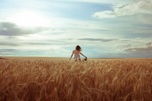 Ohren, Feld, Mädchen, Stimmung, Sommer-