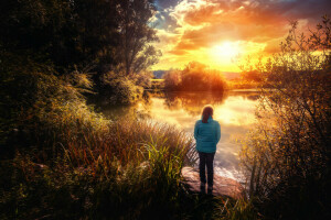 Geniet van het moment, meisje, natuur, steen, de zon, behandeling