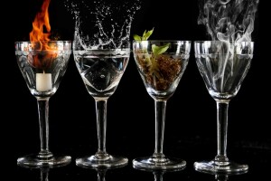 fire, glasses, water