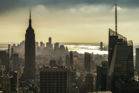 Amerika, gryning, morgon-, New York, skyskrapor, State New York, USA