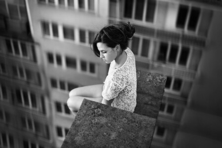 black and white, David Olkarny, girl, height, photo, photographer, roof, sitting