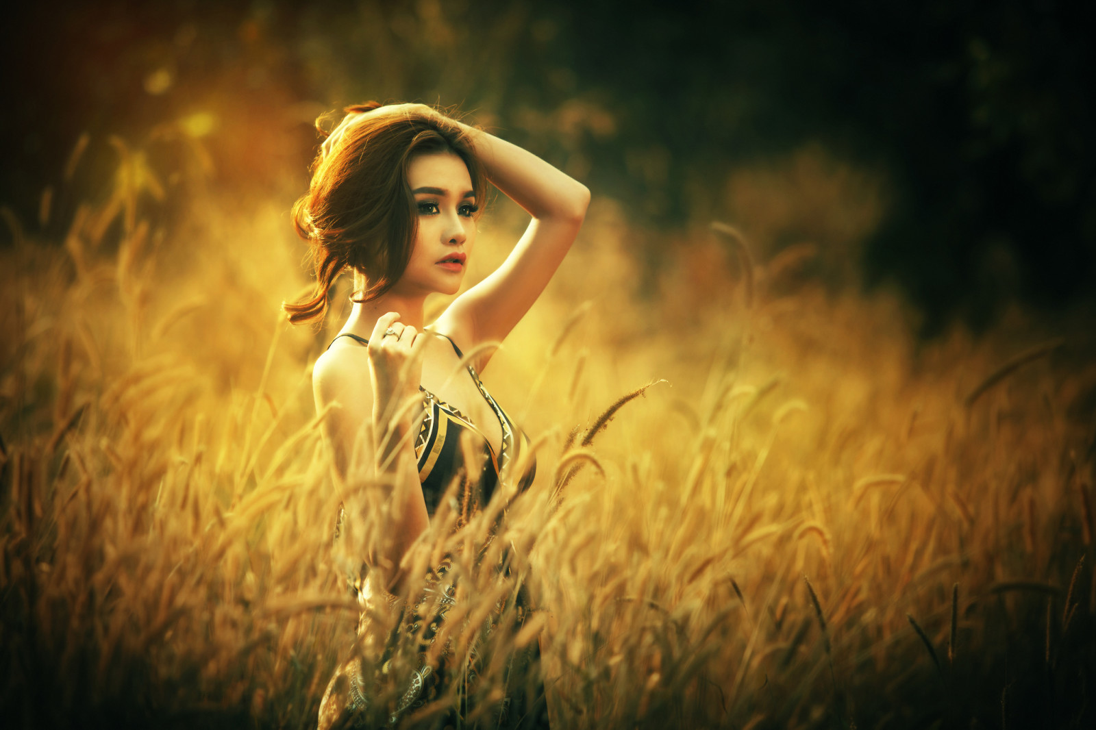 look, face, girl, blur, field, model, hair, asian